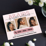Braids Photo Collage Hairstylist Flyer<br><div class="desc">Modern Monogram Braids Hairstylist Business flyer, designed with a chic and professional touch. This flyer features the word "BRAIDS" in stylish capital typography, complemented by your name in an elegant handwritten font. Showcase your expertise with 4 sample photos of your braided hairstyles on a soft blush pink and black background....</div>
