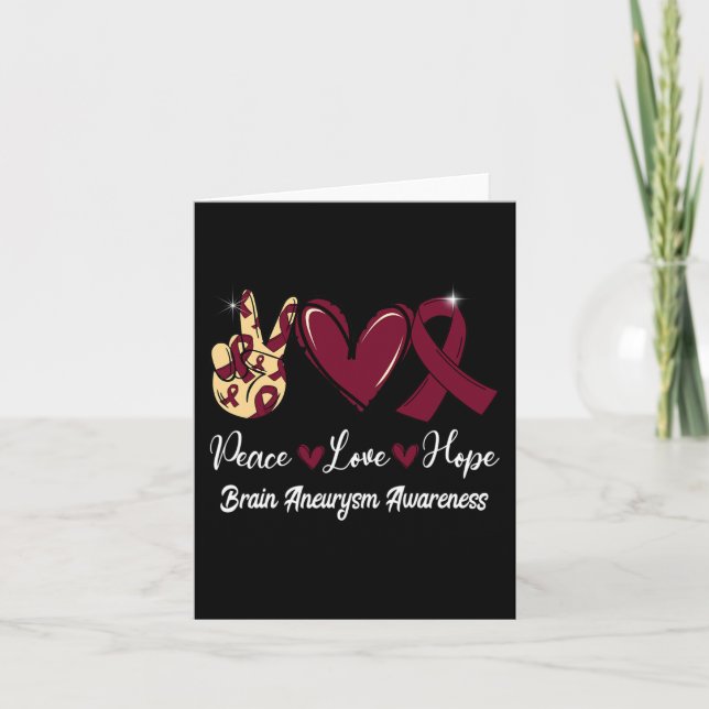 Brain Aneurysm Awareness Peace Love Hope Burgundy  Card (Front)