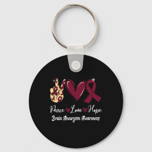 Brain Aneurysm Awareness Peace Love Hope Burgundy  Key Ring