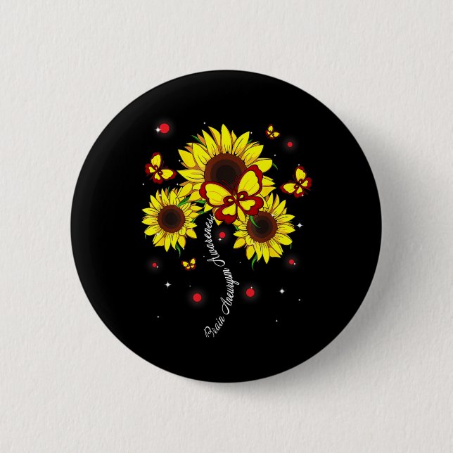 Brain Aneurysm Awareness Sunflower Butterfly Ribbo 6 Cm Round Badge (Front)