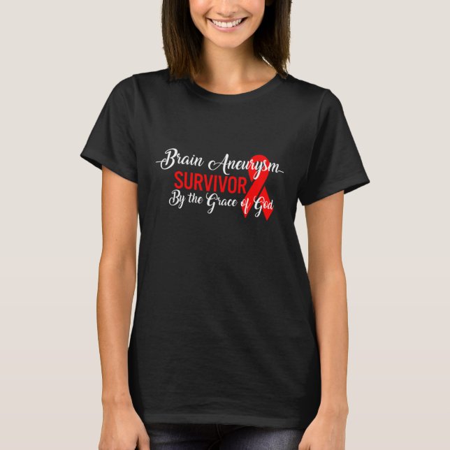 Brain Aneurysm Awareness Survivor By God Grace Red T-Shirt (Front)
