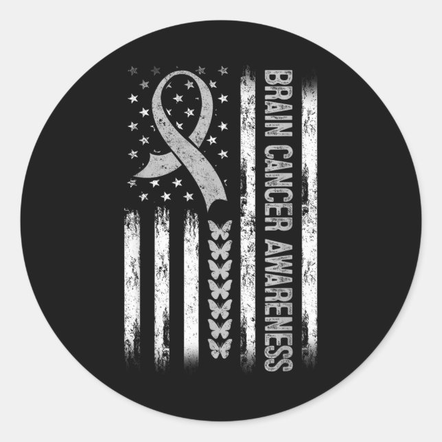 Brain Cancer Awareness American Flag  Classic Round Sticker (Front)