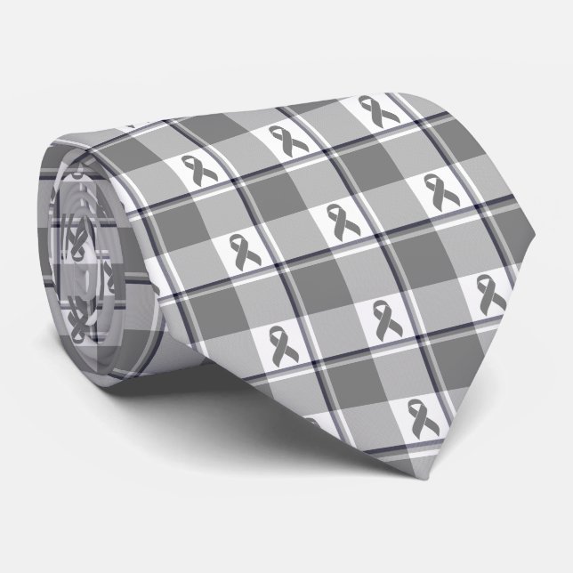 Brain Cancer Awareness Plaid Gray Ribbon Tie (Rolled)