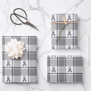 Brain Cancer Awareness Plaid Gray Ribbon Wrapping Paper Sheet