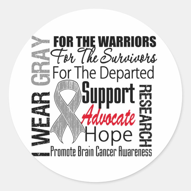 Brain Cancer I Wear Grey Ribbon TRIBUTE Classic Round Sticker (Front)
