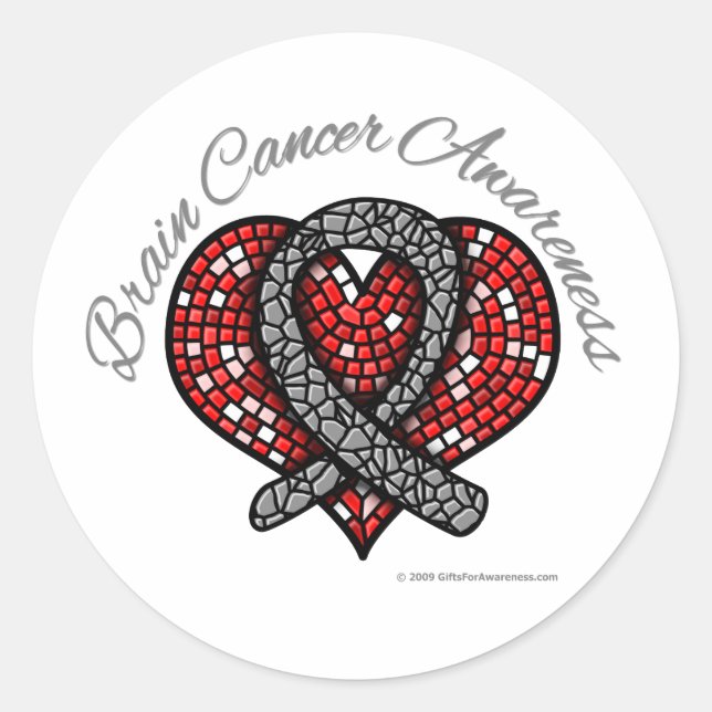 Brain Cancer Mosaic Heart Ribbon Classic Round Sticker (Front)