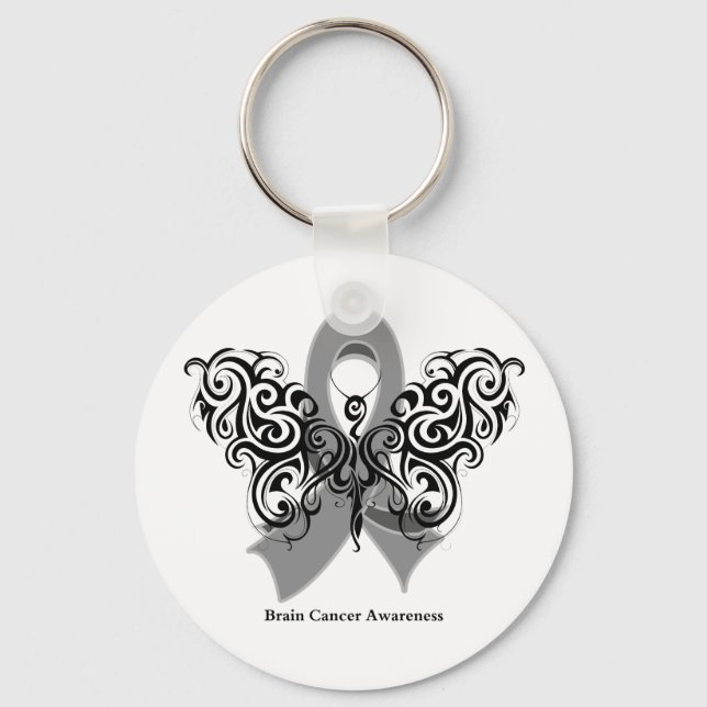 Brain Cancer Tribal Butterfly Ribbon Key Ring (Front)
