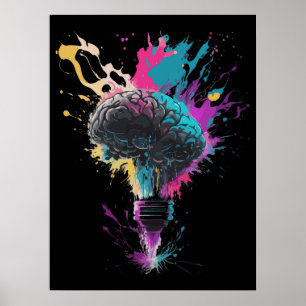 Brain Design With Colourful Bulb Explosion Poster