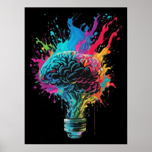 Brain Design With Colourful Bulb Explosion Poster