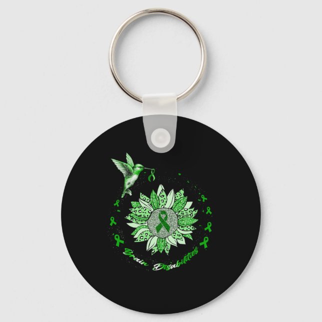 Brain Disabilities Awareness Sunflower Hummingbird Key Ring (Front)