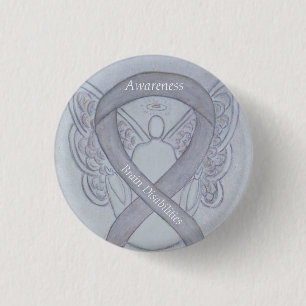 Brain Disabilities Silver Awareness Ribbon Angel 3 Cm Round Badge