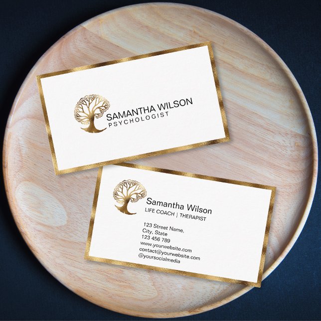 Brain Psychologist Life Coach Psychiatrist  Business Card (gold brain tree logo)