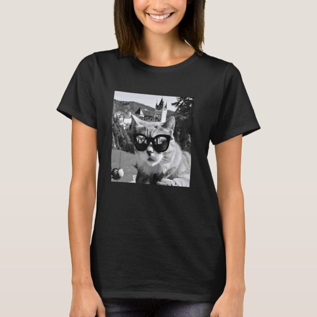 Bran Castle Romania Cat With Sunglasses Exploring  T-Shirt (Front)