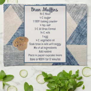 Bran Muffin Recipe On Abstract Blue Tea Towel