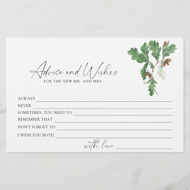 Branch acorns - advice and wishes bridal shower stationery (Front)