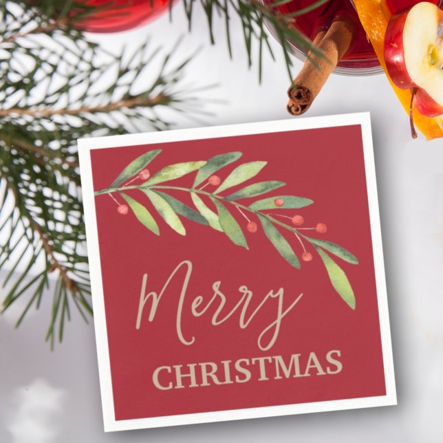 Branch and Berries Merry Christmas Red Napkin (Creator Uploaded)