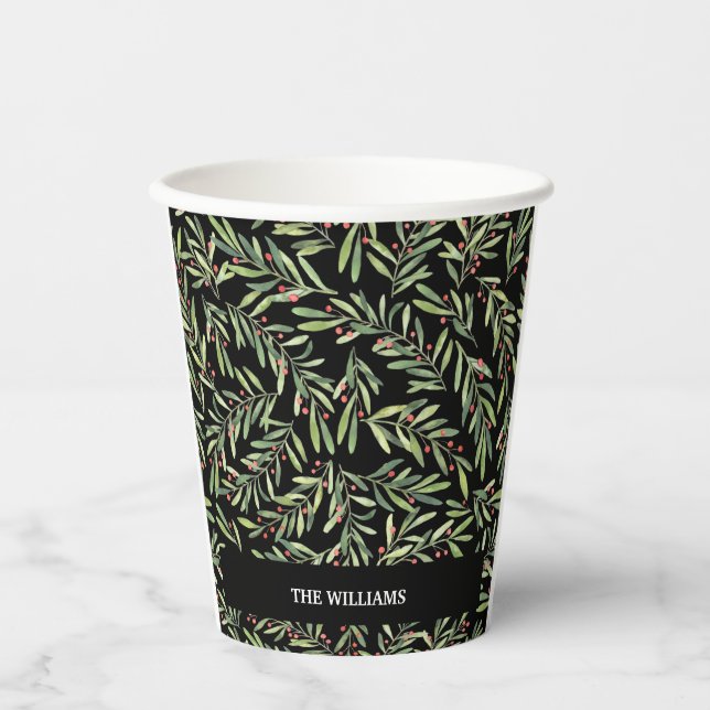 Branch and Berries on Black Holiday Christmas Paper Cups (Front)