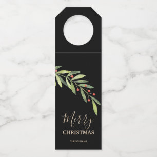 Branch and Berries on Black Merry Christmas Bottle Tag
