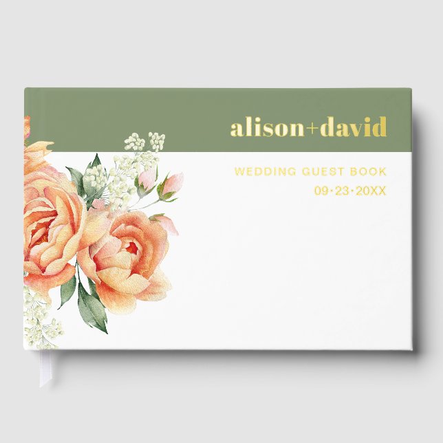 Branch and peach frose flowers floral wedding foil guest book (Front)