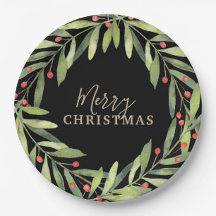 Branch Berries on Black Merry Christmas Paper Plate