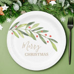 Branch Berries on White Christmas Paper Plate<br><div class="desc">Paper plates in 2 sizes feature elegant greenery and berries with your message in chic lettering in any colour (we show gold) and on any colour background (we show white.) MATCHING items in our store.</div>