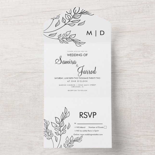 Branch Foliage Hand Drawn Black White Wedding    All In One Invitation (Inside)