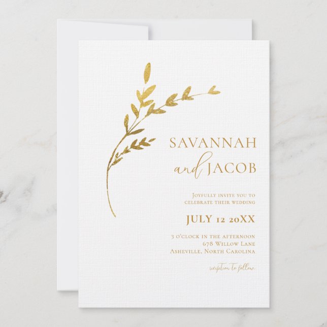 Branch Minimalist White and Gold Leaves Wedding  Invitation (Front)