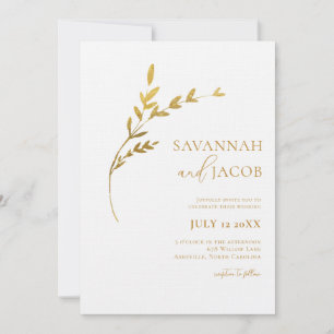 Branch Minimalist White and Gold Leaves Wedding Invitation