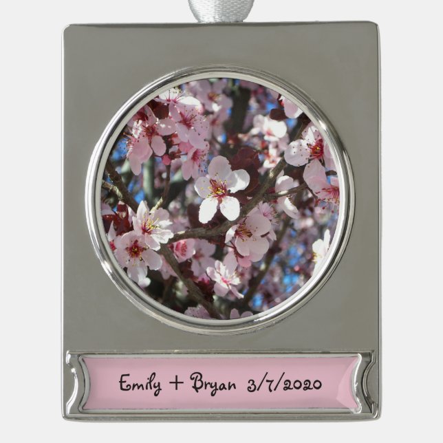 Branch of Pink Blossoms Spring Floral Silver Plated Banner Ornament (Front)