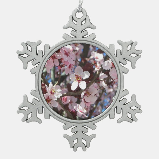 Branch of Pink Blossoms Spring Floral Snowflake Pewter Christmas Ornament (Front)