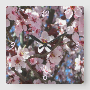 Branch of Pink Blossoms Spring Floral Square Wall Clock