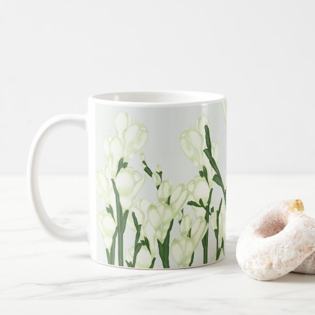 Branch of white Freesia. Coffee Mug (With Donut)
