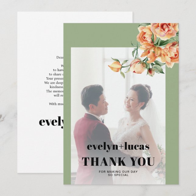 Branch, peach roses, white flowers photo wedding thank you card (Front/Back)