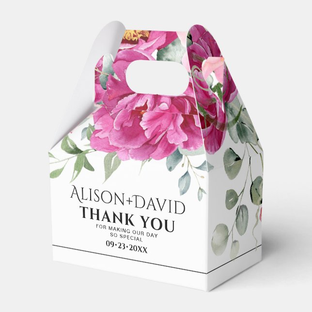 Branch, pink rose flowers black typography wedding favour box (Front Side)