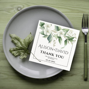 Branch, white flowers greenery typography wedding napkin