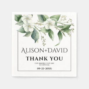 Branch, white flowers greenery typography wedding napkin