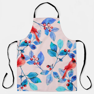 Branch with berries and birds watercolor illustrat apron