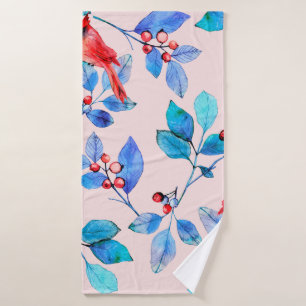 Branch with berries and birds watercolor illustrat bath towel