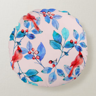 Branch with berries and birds watercolor illustrat round cushion