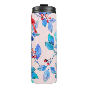 Branch with berries and birds watercolor illustrat thermal tumbler