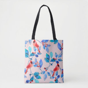 Branch with berries and birds watercolor illustrat tote bag
