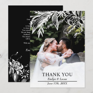 Branch with black and white flowers wedding photo thank you card