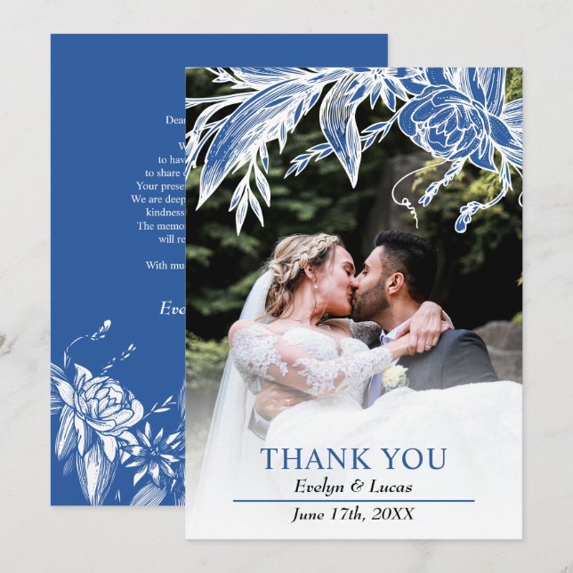 Branch with blue and white flowers wedding photo  thank you card (Front/Back)