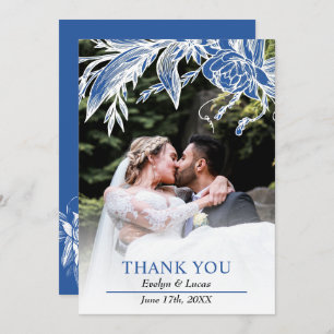 Branch with blue and white flowers wedding photo  thank you card
