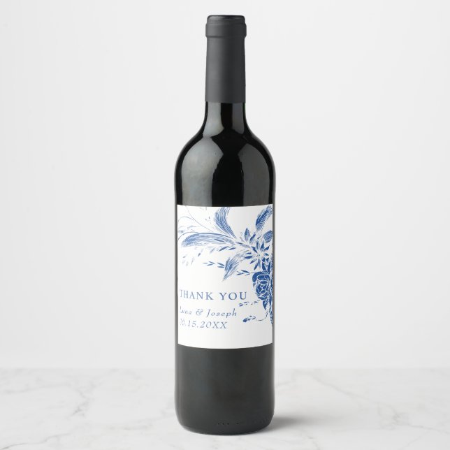 Branch with blue and white flowers wedding wine label (Front)