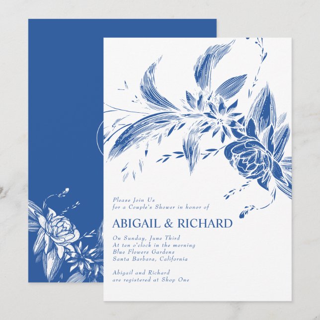 Branch with blue flowers wedding couples shower invitation (Front/Back)