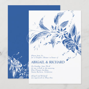 Branch with blue flowers wedding couples shower invitation