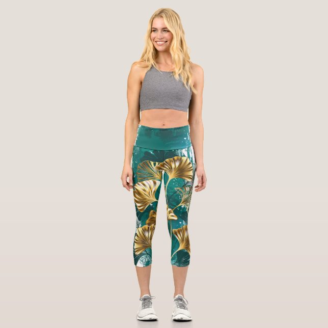 Branch with Golden Leaves Ginko Biloba Capri Leggings (Front)