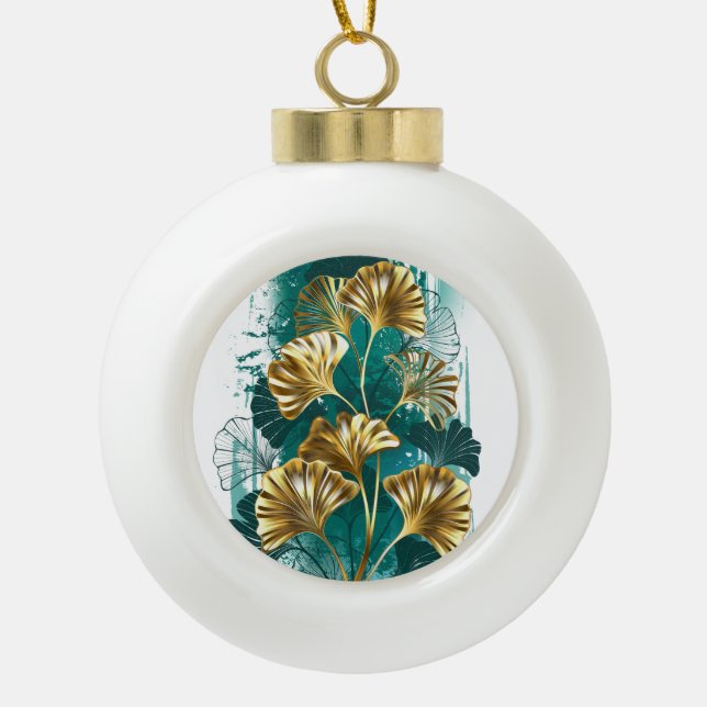 Branch with Golden Leaves Ginko Biloba Ceramic Ball Christmas Ornament (Front)