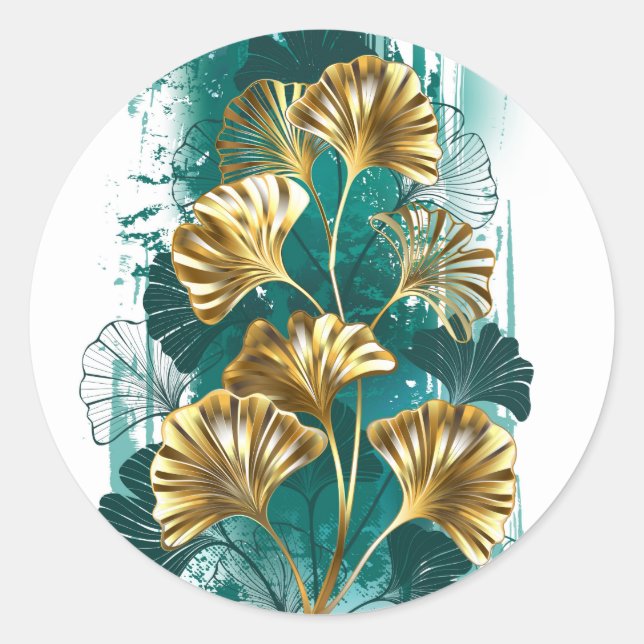 Branch with Golden Leaves Ginko Biloba Classic Round Sticker (Front)